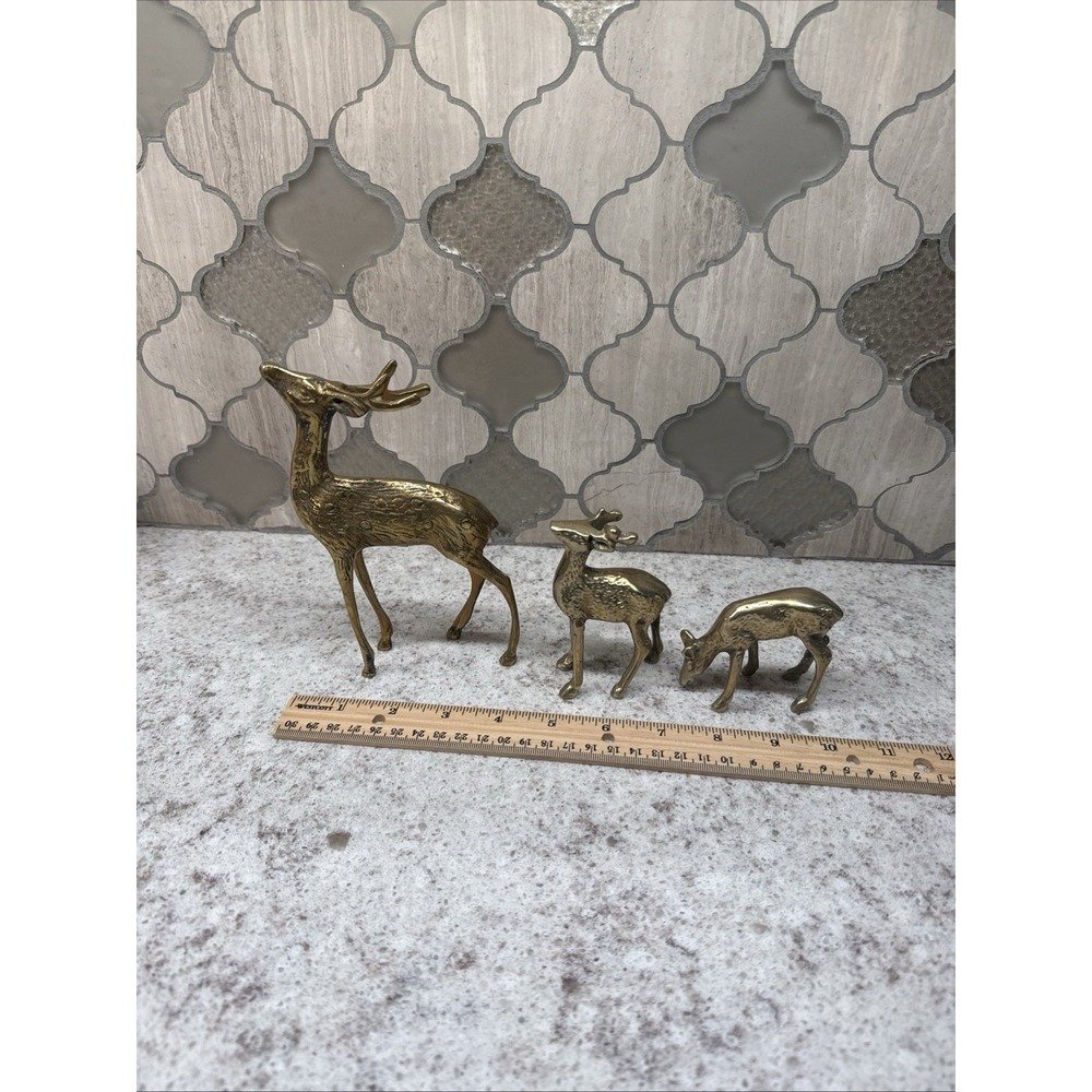 Vintage Solid Brass Set Of Buck Doe Fawn Lot Of 3‎ MCM Made In Korea